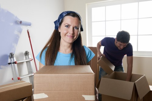 Packed office equipment ready for transport in central London